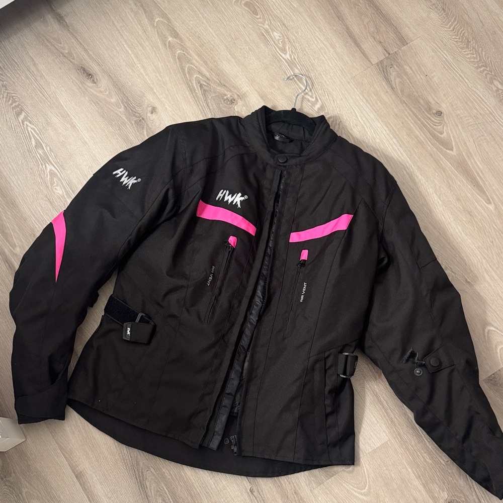HWK  Women's Black Motorcycle Jacket with Pink Accents